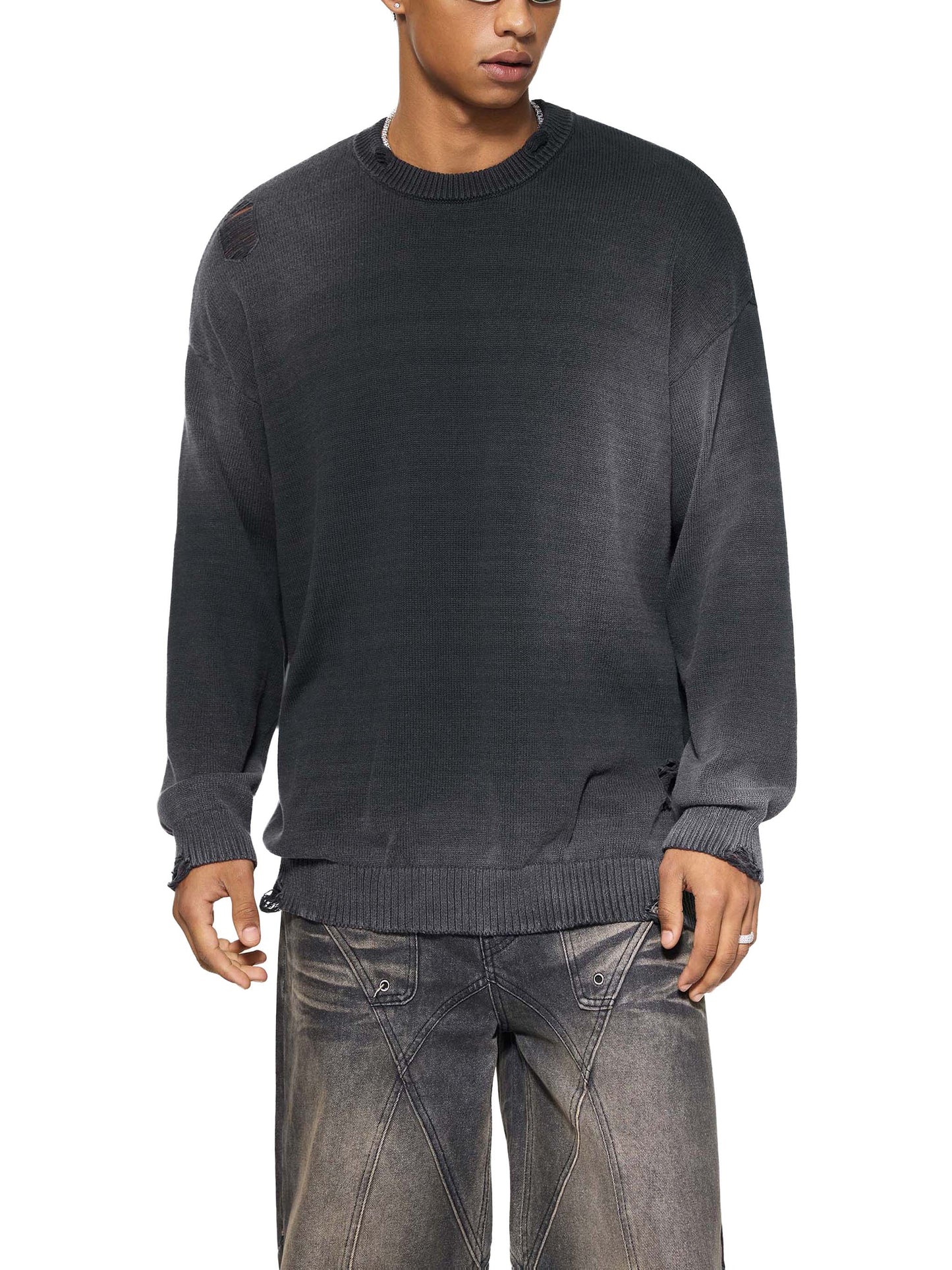 CAELMONT Distressed Ripped Crewneck Sweater