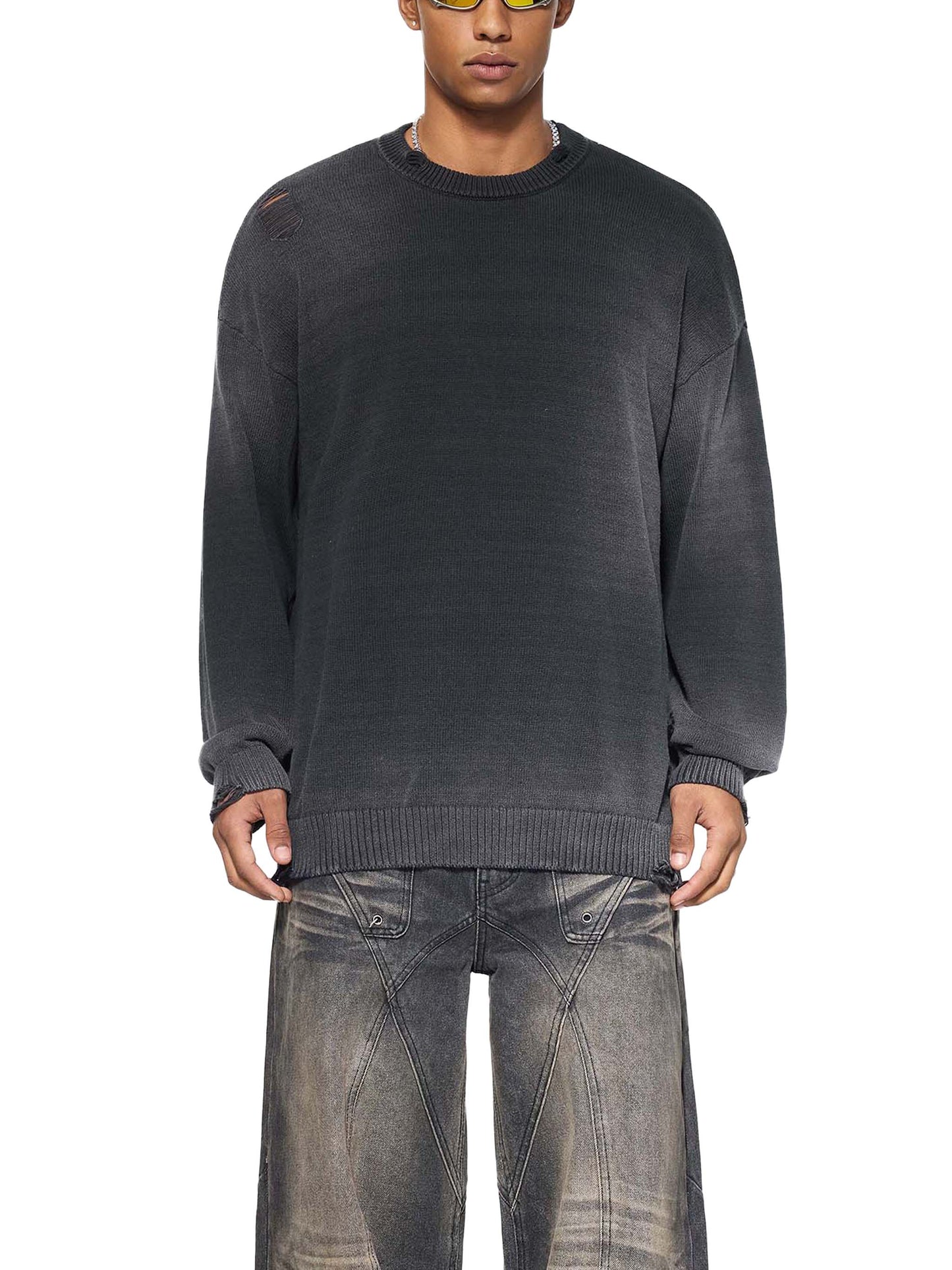 CAELMONT Distressed Ripped Crewneck Sweater